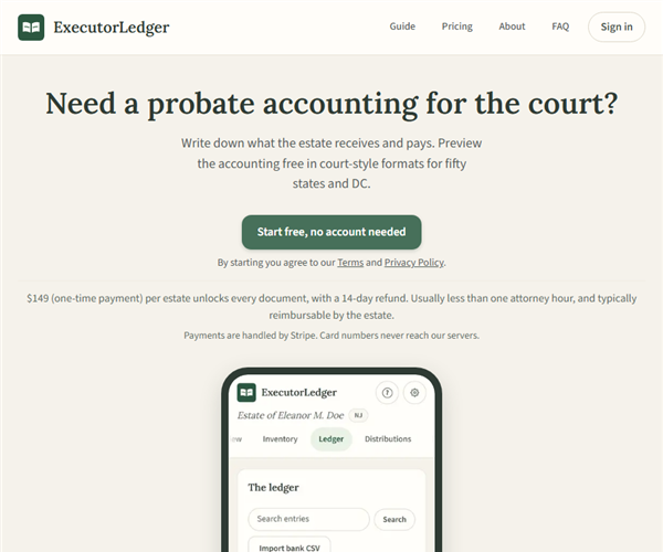 The ExecutorLedger home page