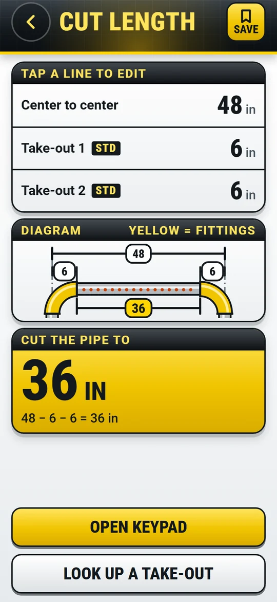 The Cut length screen: center to center 48 inches, two 6 inch take-outs, cut the pipe to 36 inches.