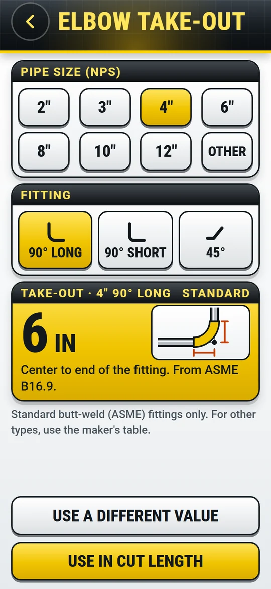 The Elbow take-out screen: pipe size 4 inch, 90 degree long radius, take-out 6 inches, from ASME B16.9.