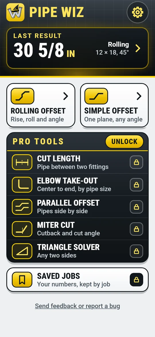 The Home screen: the last result, the two free calculators, the five Pro tools and Saved jobs.