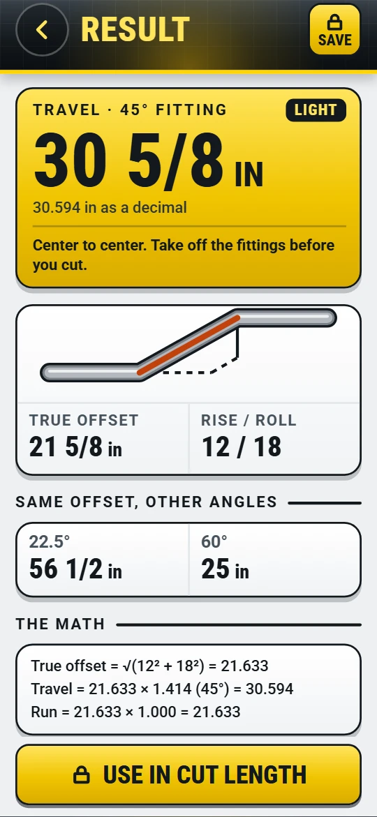 The Result screen: travel 30 5/8 inches marked light, the true offset, the same offset at other angles, and the math written out.