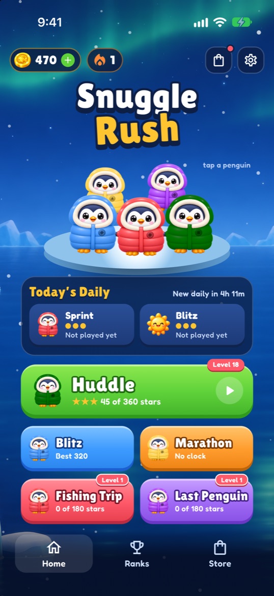The Snuggle Rush home screen: five penguins in puffy coats on an ice floe under the northern lights, with buttons for Huddle, Blitz, Marathon, Fishing Trip and Last Penguin.