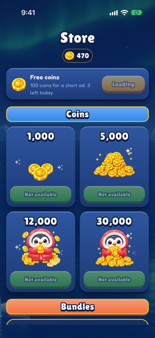 The store: free coins for watching an ad, and packs of fish coins.